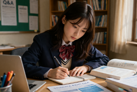 책상에서 공부하고 있는 여학생