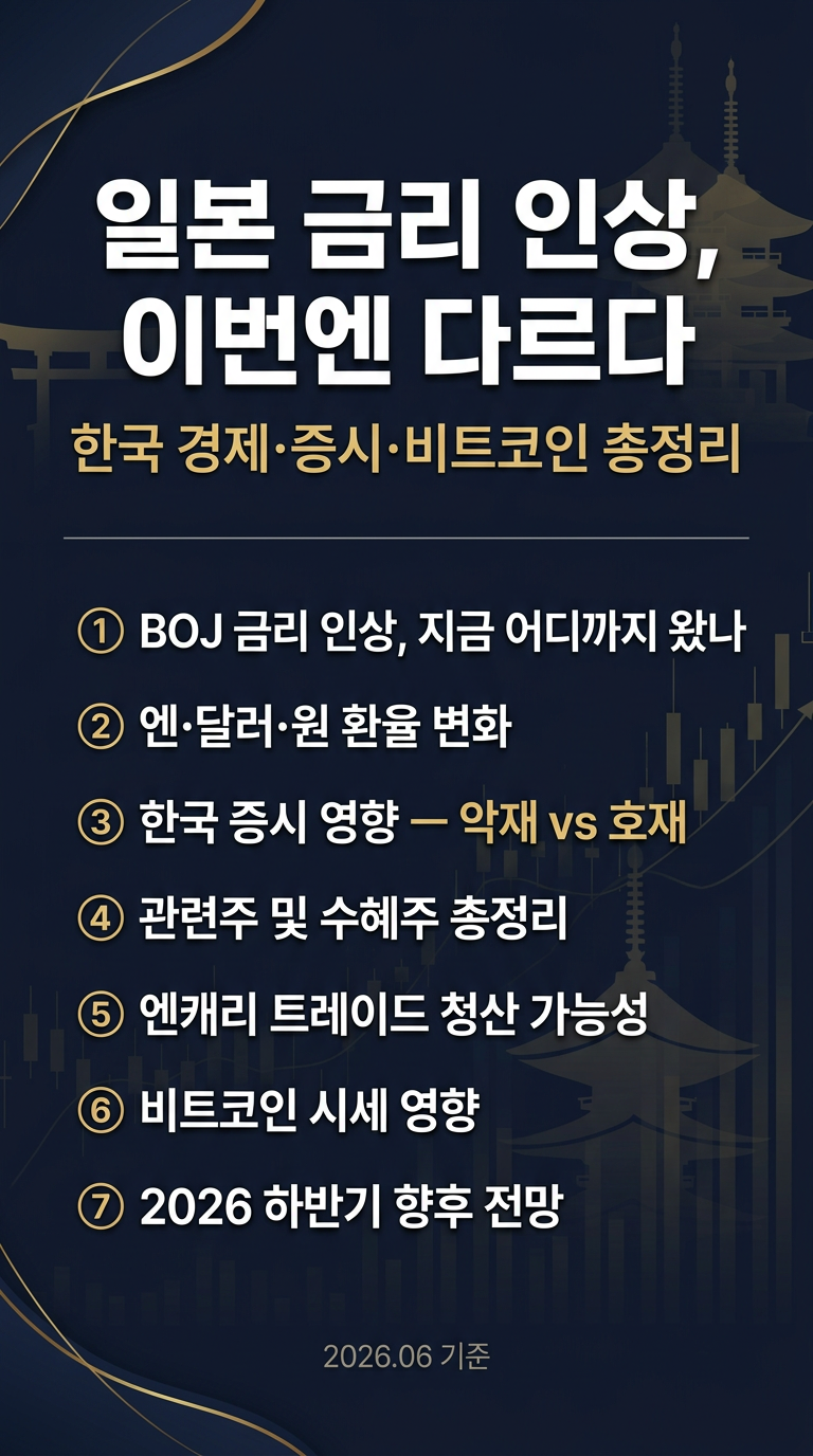 일본 금리 인상, 한국 영향, 관련주, 수혜주, 환율, 비트코인 시세, 엔캐리 청산 가능성 및 향후 전망