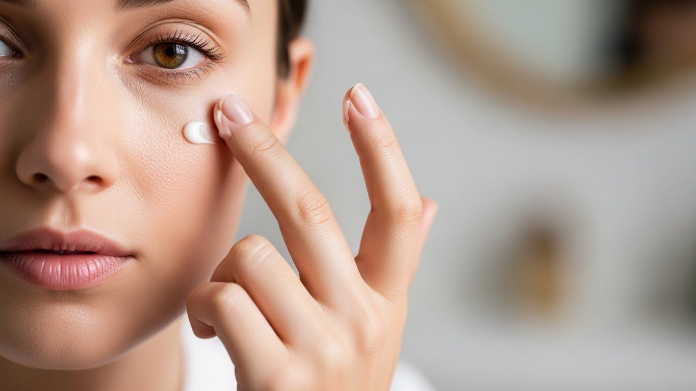 우아한 여성이 약지로 섬세한 눈 밑 부위에 안티에이징 아이크림을 부드럽게 바르는 클로즈업 사진입니다.