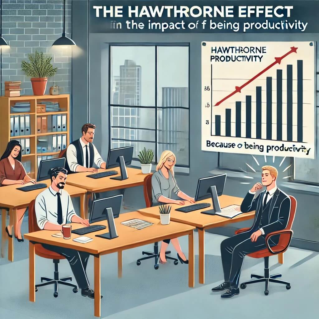 감독관의 주의 깊은 감독 하에 의욕이 넘치는 직원의 모습을 통해 호손 효과를 보여줍니다.