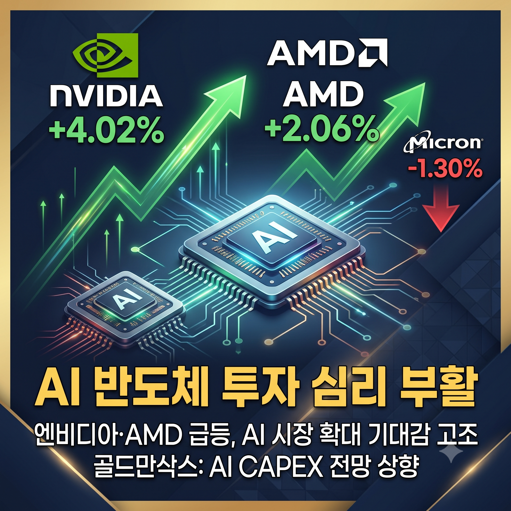 엔비디아 및 AMD 로고와 함께 상승하는 인공지능 반도체 주가 흐름 시각화