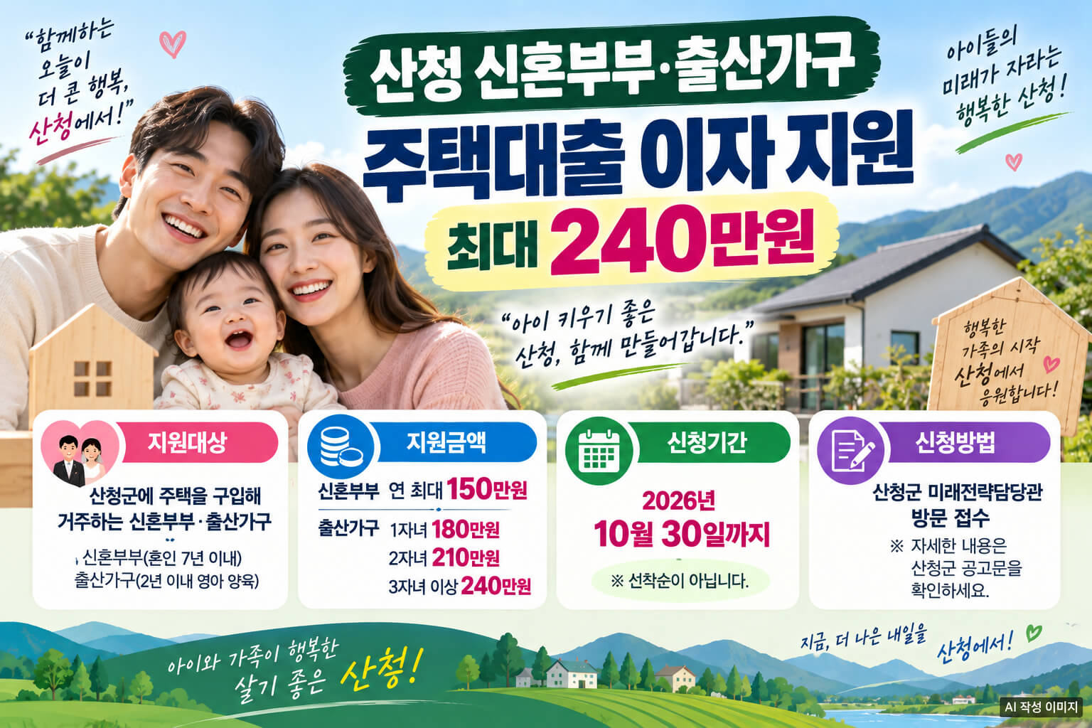 산청 신혼부부&middot;출산가구의 주택구입 대출이자를 신혼부부 최대 150만원, 출산가구 최대 240만원까지 지원하고 10월 30일까지 추가 신청받는 내용을 안내하는 이미지