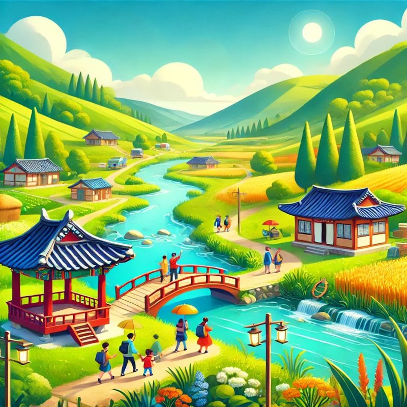 A vibrant scene of a day trip in South Korea, 한국 당일치기 여행