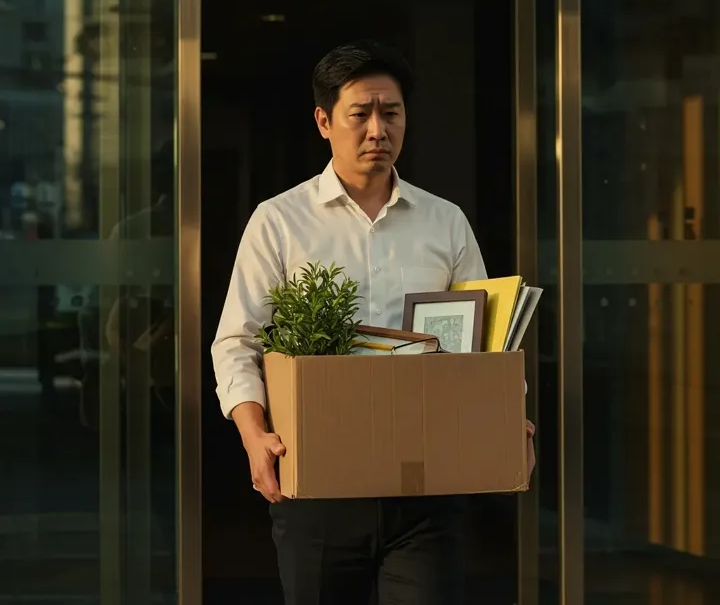 임금체불로 인해 자진 퇴사하며 짐을 들고 회사 밖으로 나오는 직장인