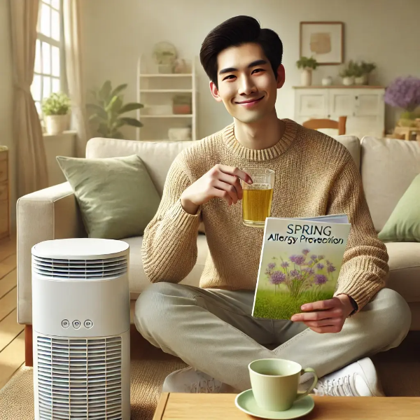 실내에서 공기청정기 옆에 앉아 허브차를 마시며 봄철 알레르기 예방책자를 보고 있는 동양인 젊은 남성의 초고해상도 사진