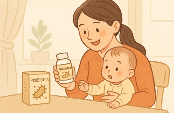 유산균 제품을 선택하는 부모와 아기의 모습