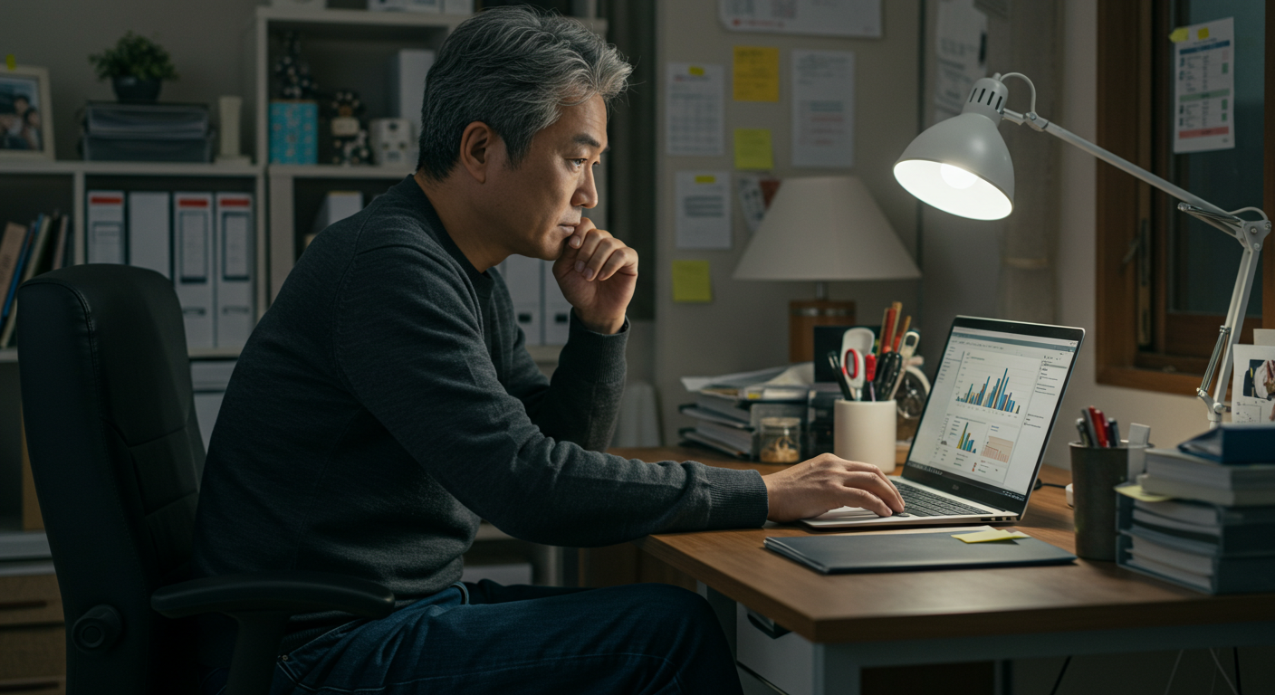 블로그 통계를 바라보는 남성