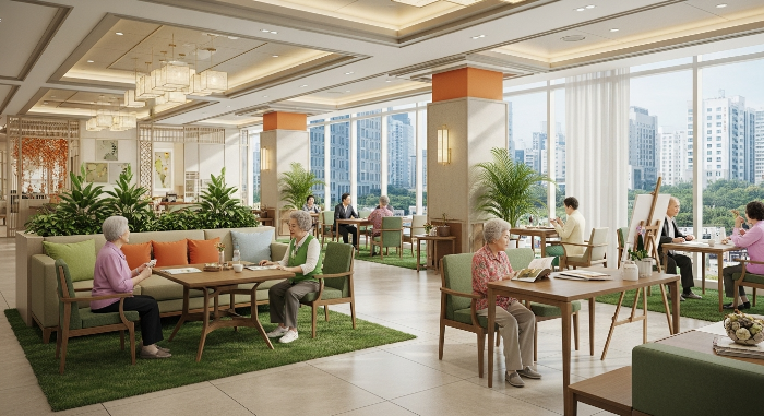 2025년 서울 도심형 시니어 타운 로비에서 다양한 활동을 즐기는 활기찬 시니어들의 모습