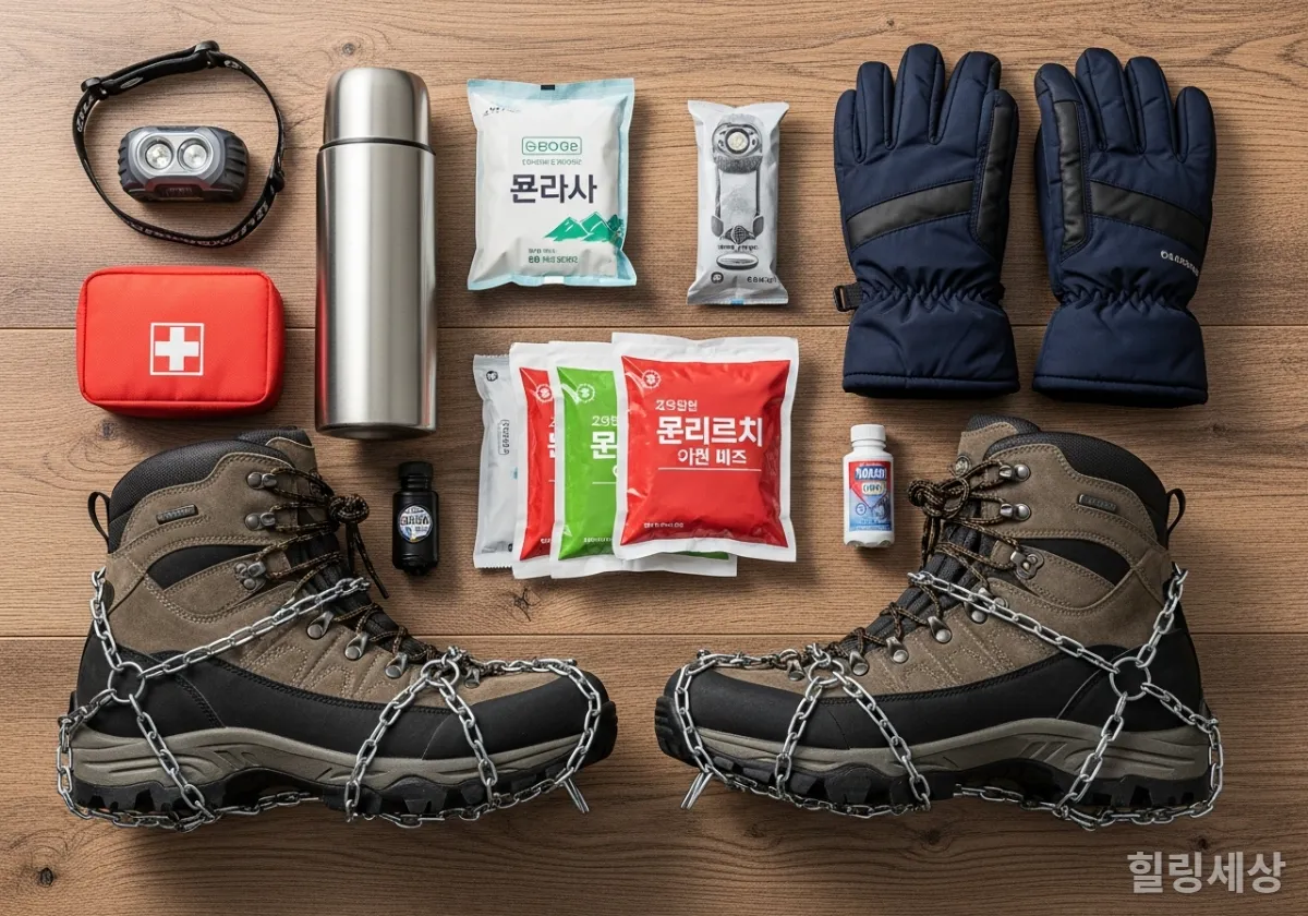 겨울 산행 필수품: 체인 아이젠, 핫팩, 장갑
