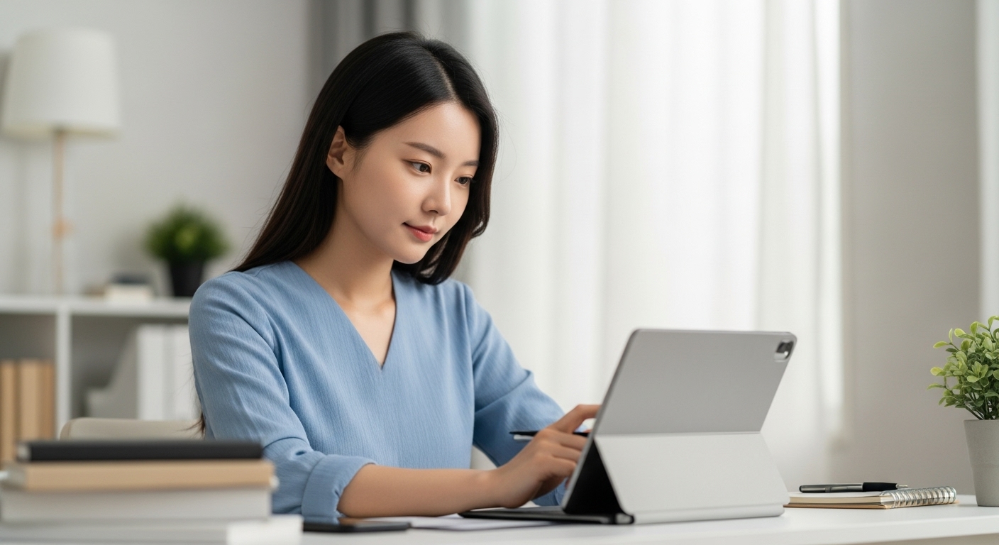 책상에 앉아 태블릿으로 국민내일배움카드를 신청하는 20대 한국 여성의 모습.