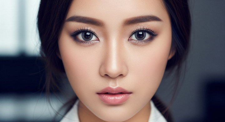 신비로운 '애쉬 그레이' 컬러렌즈를 끼고 있는 여성의 사진, 블랙 그레이 렌즈에 대한 대표적인 예쁜 사진으로 관심을 받게 하려고 넣은 사진