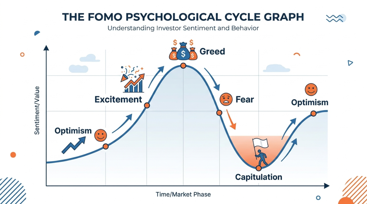 한온시스템 주가 전망 관련 이미지(FOMO 심리 사이클 그래프 (낙관 → 흥분 → 탐욕 → 공포 → 체념 사이클)