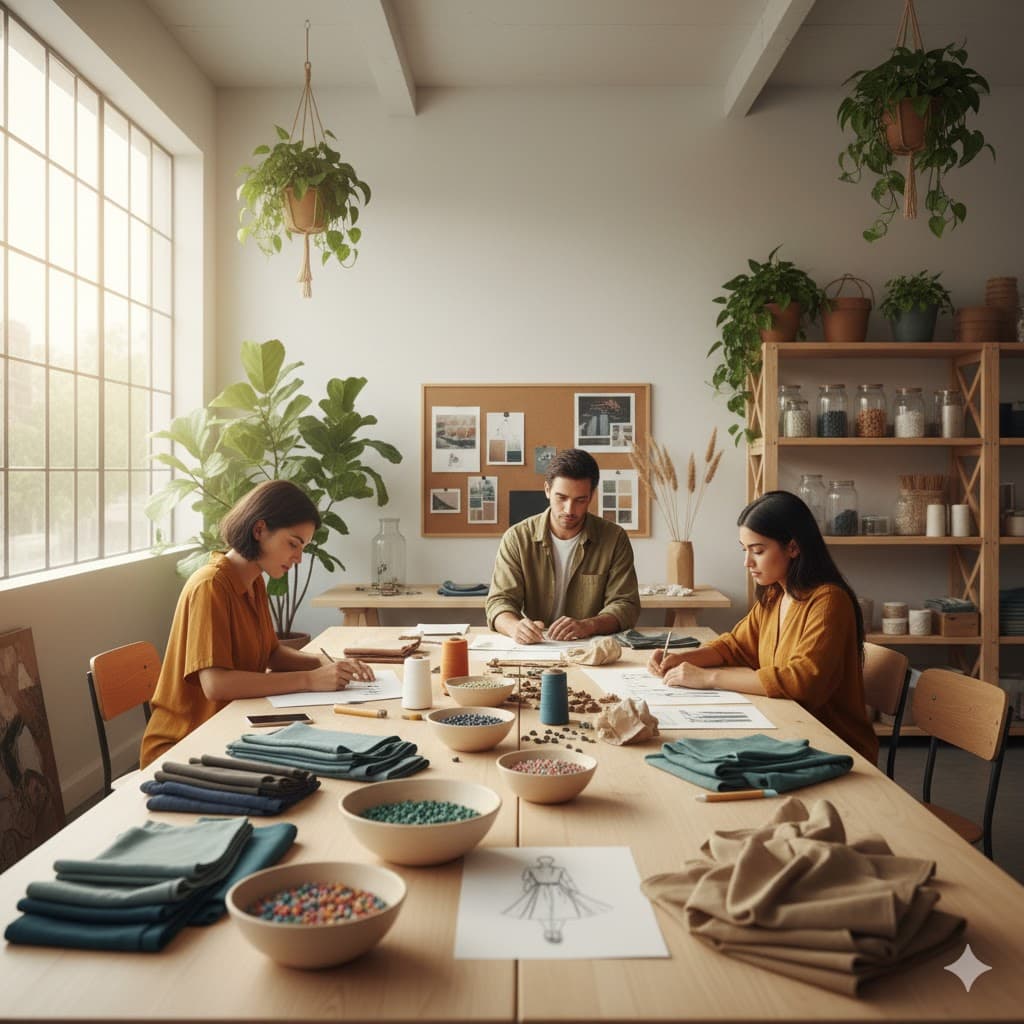 재활용 소재와 친환경 원단을 검토하는 윤리적 디자인 스튜디오의 디자이너들. 지속 가능한 디자인과 가치 중심 직업을 상징하는 장면.
