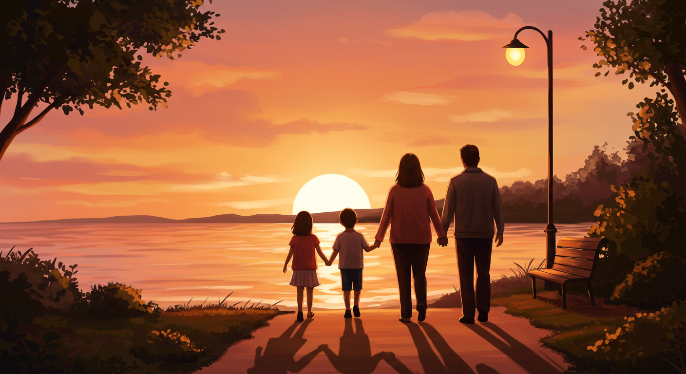 바닷가와 공원길을 함께 걸으며 따뜻한 시간을 보내는 가족