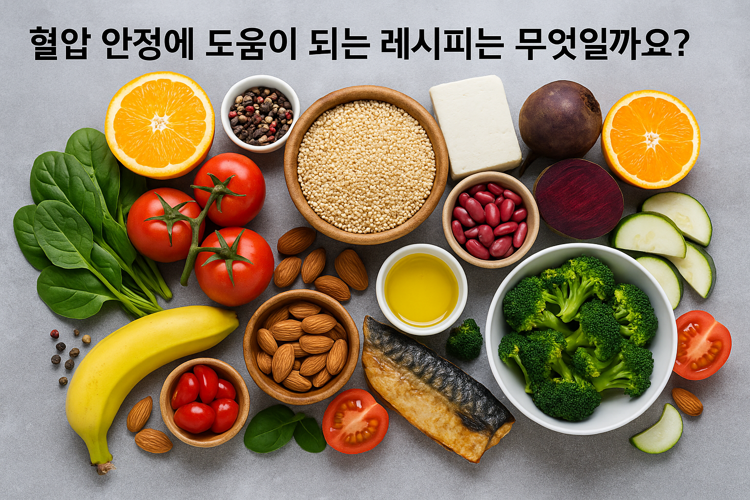 "혈압 안정에 도움이 되는 신선한 채소와 과일, 저염 식재료가 깔끔하게 차려진 식탁