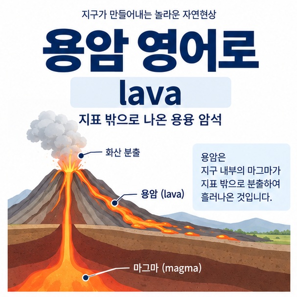 용암 영어로 lava와 화산에서 흐르는 용암을 함께 보여주는 교육용 이미지