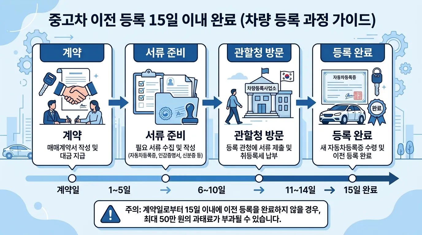 중고차 이전등록 15일 타임라인 인포그래픽