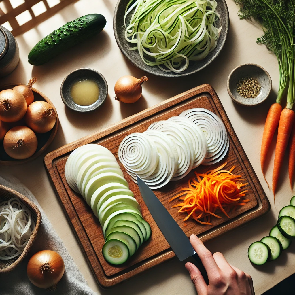 2단계: 채소 손질
양파, 오이, 당근은 얇게 채 썰어주세요.
▶️ 채소는 너무 굵지 않게 썰어야 양념이 잘 배어요!