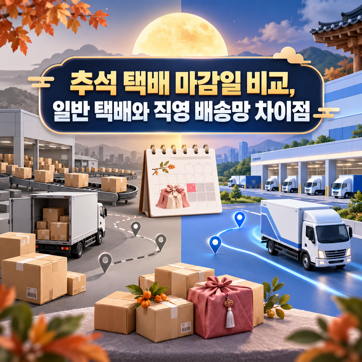 추석 택배 마감일 비교와 일반 택배 및 직영 배송망 차이점을 보여주는 물류 인포그래픽 이미지