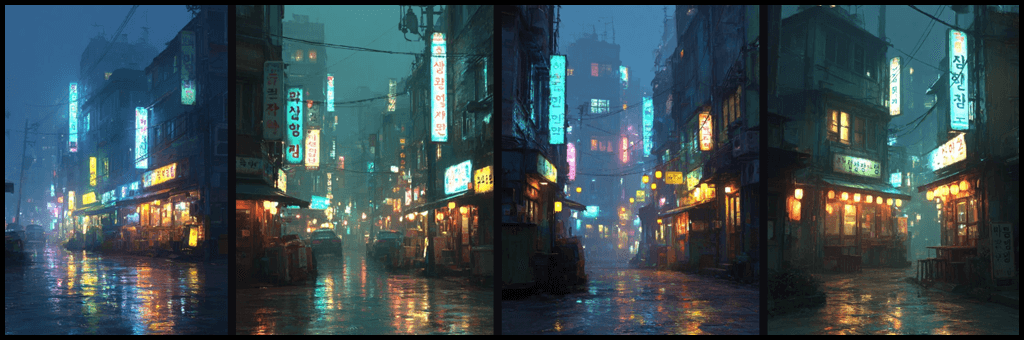 프롬프트 예시 2 서울의 사이버펑크 거리 Midjourney
