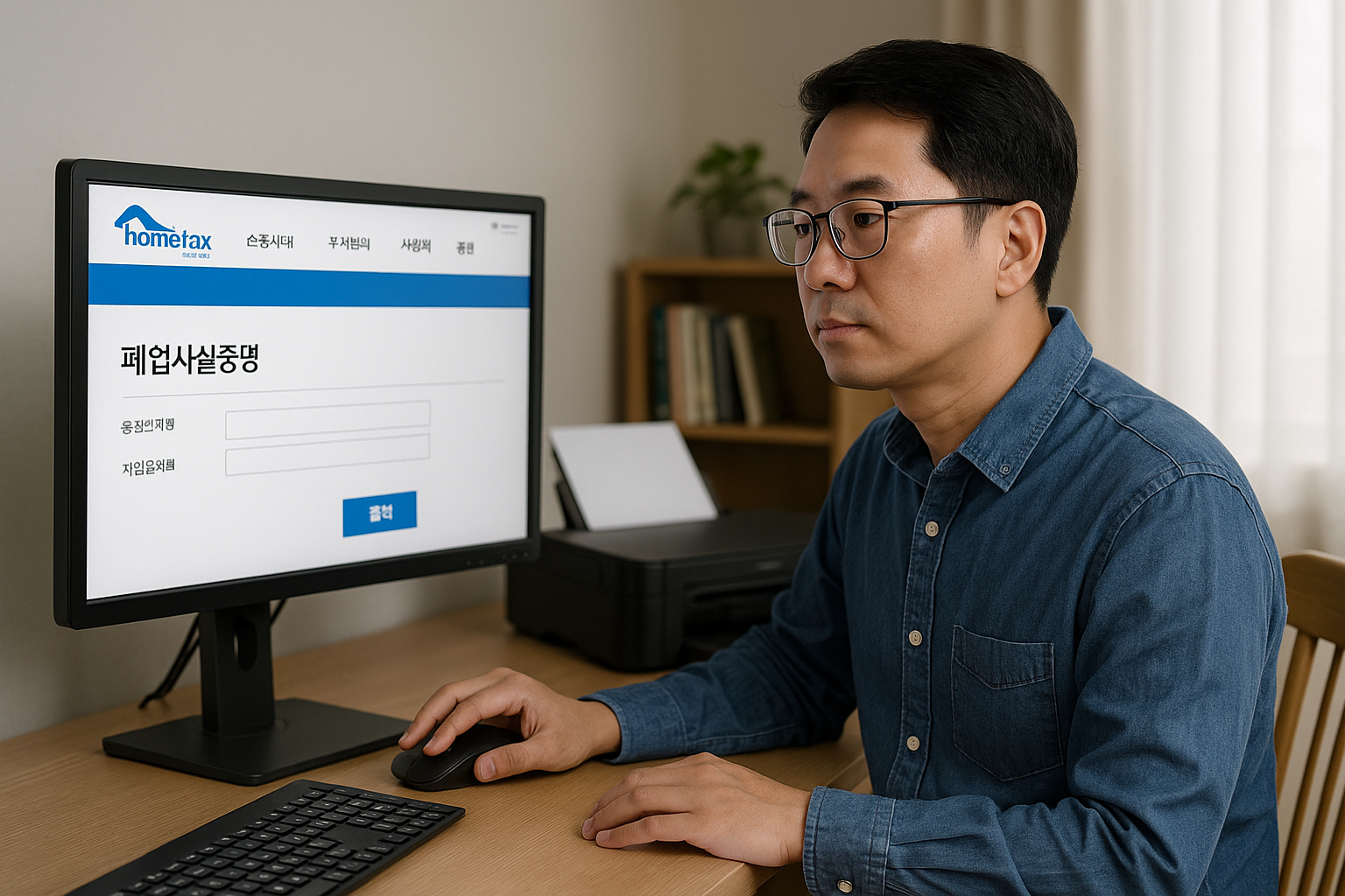 홈택스 화면에서 폐업사실증명원을 출력 중인 소상공인