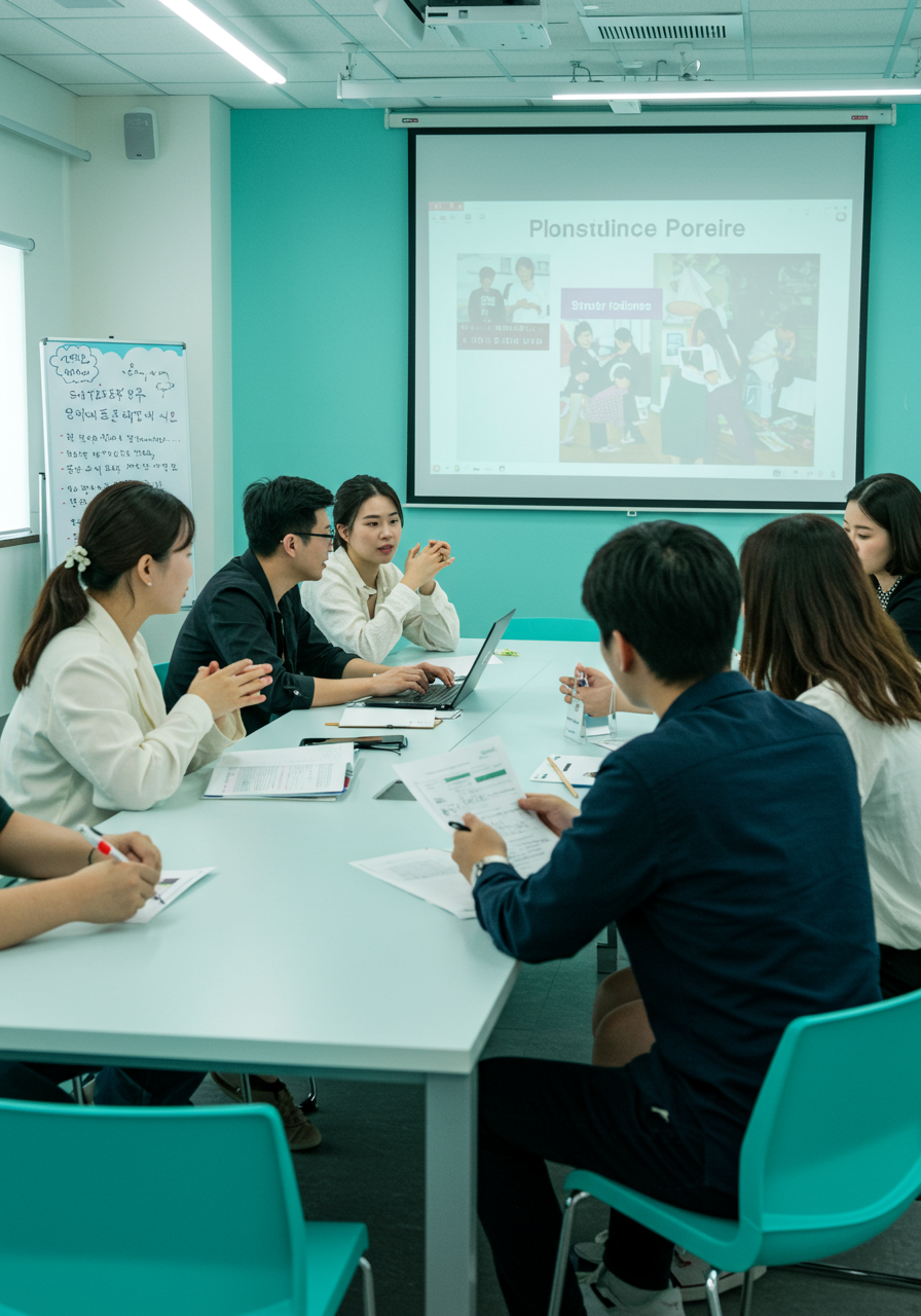 시험성적 및 관련 정보들을 모아서 프로젝트로 보면서 여러명의 사람들이 시험성적에 대해 논의하고 있는 이미지