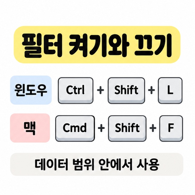 윈도우의 Ctrl Shift L과 맥의 Cmd Shift F 키 조합을 비교하고 데이터 범위 안에서 사용하라고 안내한 그림