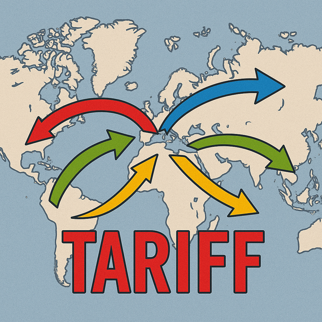 세계지도 위에 관세와 세계로 향하는 화살표