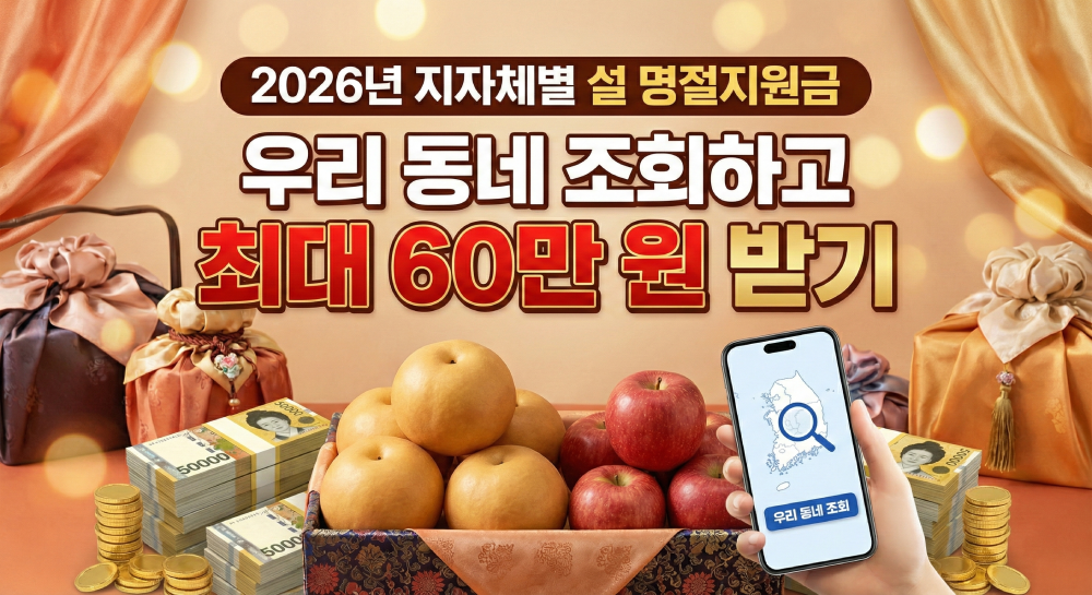 2026년 지자체별 설 명절지원금 안내 블로그 썸네일 이미지입니다. 풍성한 사과와 배 과일 선물 세트와 현금 다발, 전통 복주머니를 배경으로, 스마트폰 앱을 통해 우리 동네 지원금을 조회하는 모습이 담겨 있습니다. '우리 동네 조회하고 최대 60만 원 받기'라는 문구가 크게 강조되어 있습니다.
