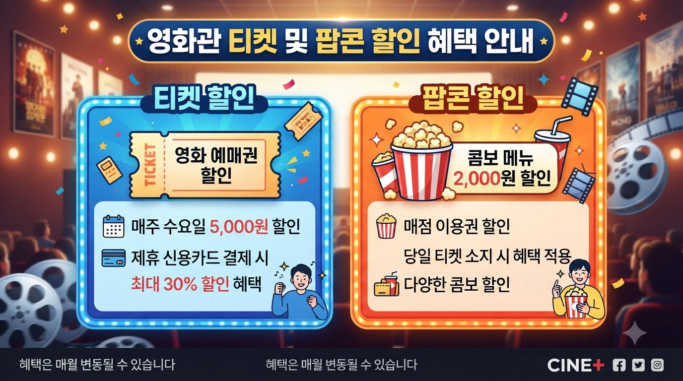 극장 영화 티켓과 팝콘 할인 혜택 안내 이미지
