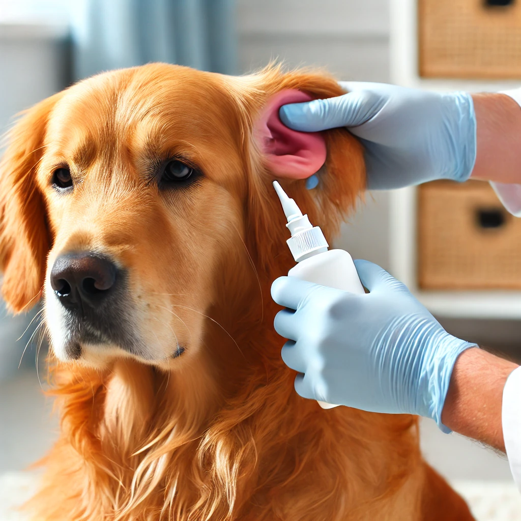 골든 리트리버의 귀에 귀 세정제를 넣는 모습