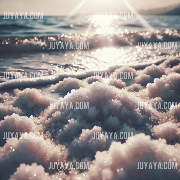 햇빛 아래 반짝이는 소금 결정이 바닷가에 펼쳐진 모습&amp;#44; 부드럽게 밀려오는 파도가 고요한 분위기를 더하는 장면