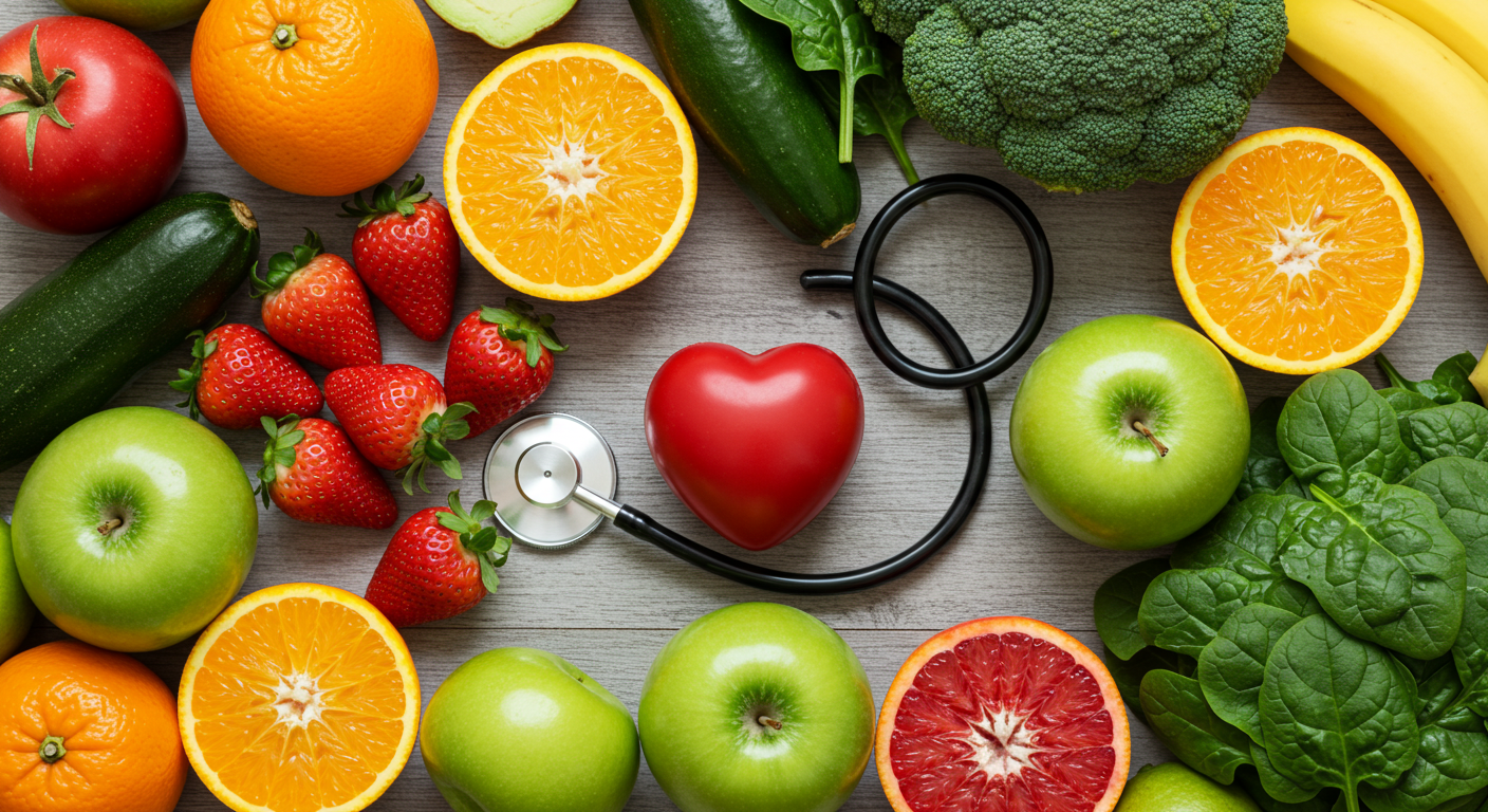 과일과 채소&amp;#44; 청진기가 놓여 있는 건강한 식습관 상징 이미지