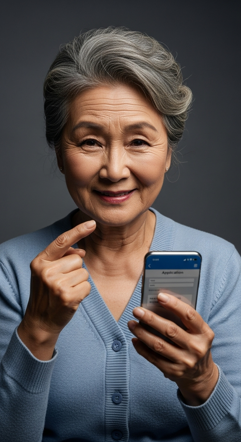스마트폰으로 숨은 지원금을 신청하는 시니어