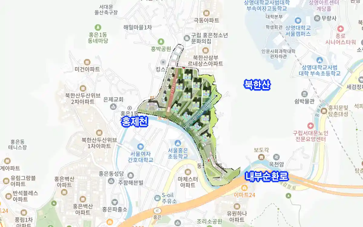 홍은동8-400번지위치-홍제천-북한산-내부순환로-지도