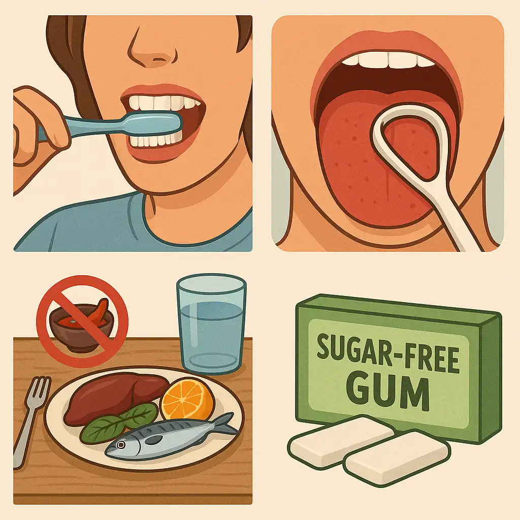부드러운 칫솔로 양치 중인 모습, 혀 클리너로 이물질 제거하는 장면, 자극적인 음식을 피하고 균형 잡힌 식사를 하는 식탁 이미지, 구강건조증을 관리하는 무설탕 껌
