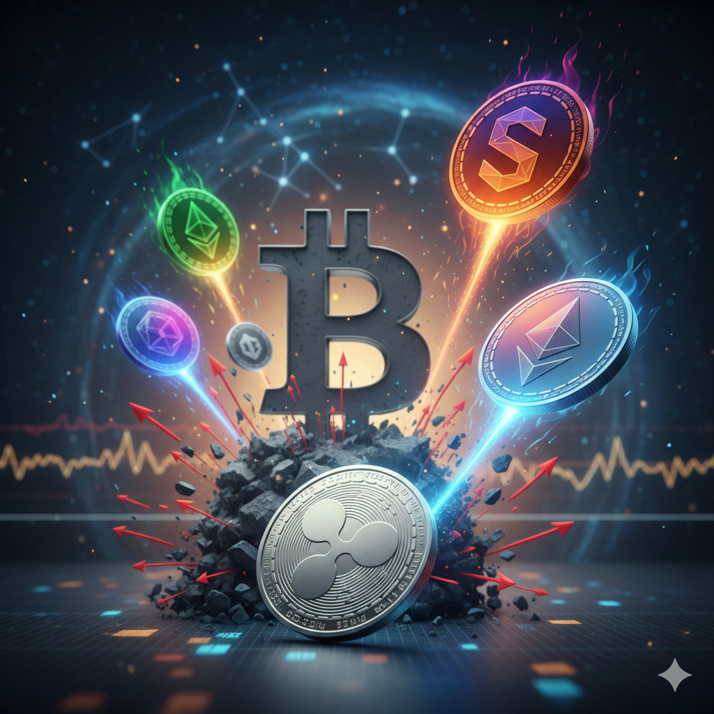 비트코인을 상징하는 검은색 로고가 바위 더미 위에 위태롭게 서 있는 가운데, 그 주변으로 리플(XRP)과 솔라나(SOL), 이더리움 등 주요 알트코인들이 화려한 빛을 내뿜으며 솟구쳐 오르는 모습이에요. 배경에는 복잡한 금융 데이터 차트와 디지털 네트워크를 상징하는 선들이 얽혀 있으며, 알트코인들이 비트코인의 영향권에서 벗어나 독자적으로 급상승하는 디커플링 장세를 역동적이고 입체적으로 표현했어요.