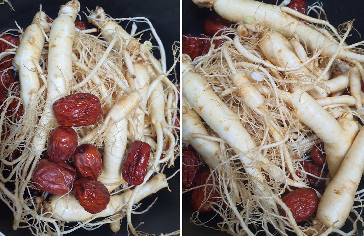 깨끗하게 씻은 인삼과 대추