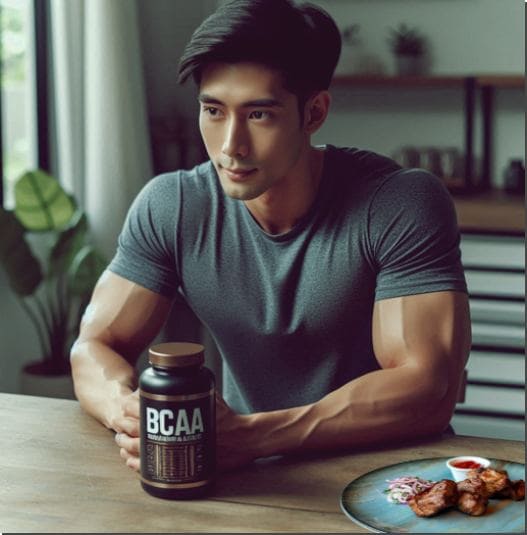 BCAA 근육 생성과 회복 효과, 운동후 BCAA 보충제와 고기 음식을 먹는 남성