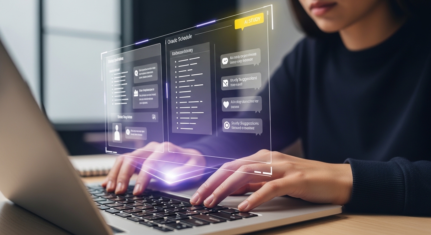 학습 계획 프롬프트를 입력하고 있는 대학생의 손과 ChatGPT가 제안한 주간 학습 일정이 홀로그램으로 나타나는 모습.