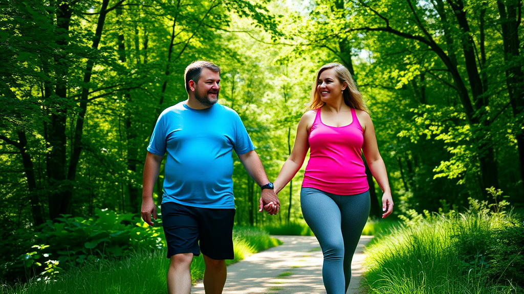 숲속에서 통통한 남녀가 걸으며 운동하는 모습
