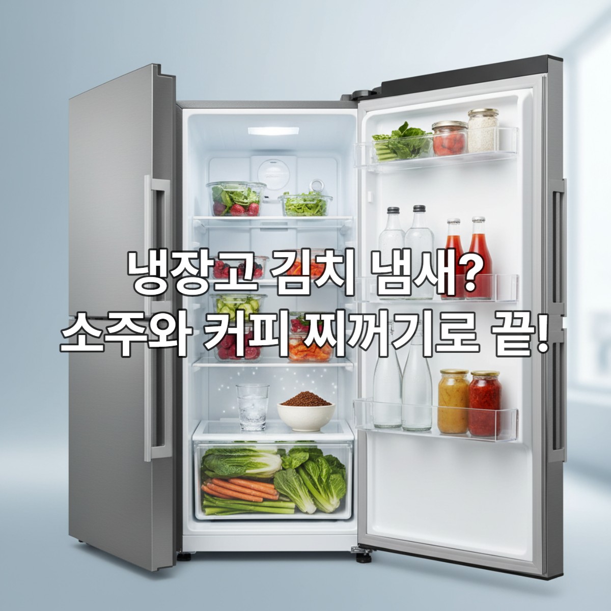 깔끔하게 정리된 냉장고 문이 살짝 열려 있고, 그 앞에 소주 한 잔과 커피 찌꺼기가 담긴 그릇이 놓여 있는 모습. 냉장고 속 김치 냄새 제거를 위한 친환경 방법을 상징합니다.