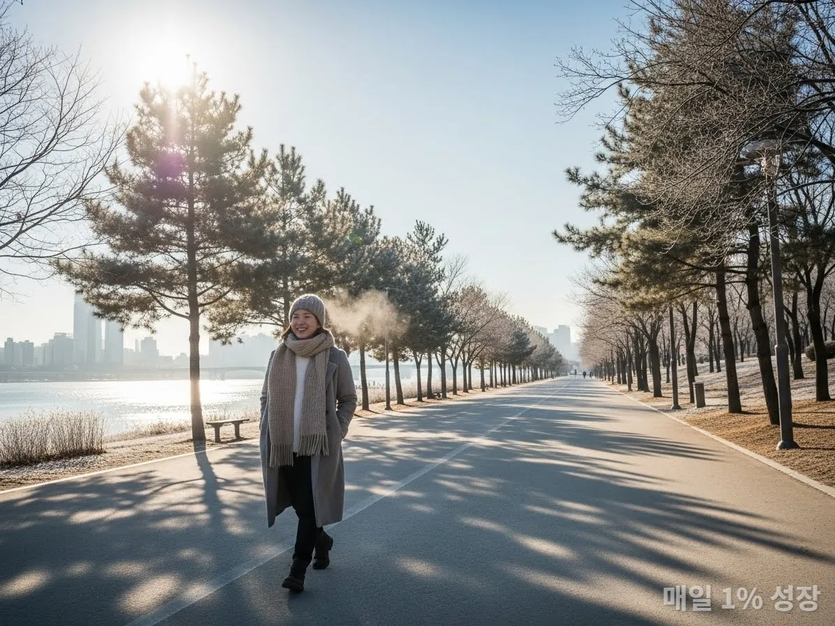 서울의 공원에서 밝은 햇살을 받으며 산책하는 한국인의 활기찬 모습