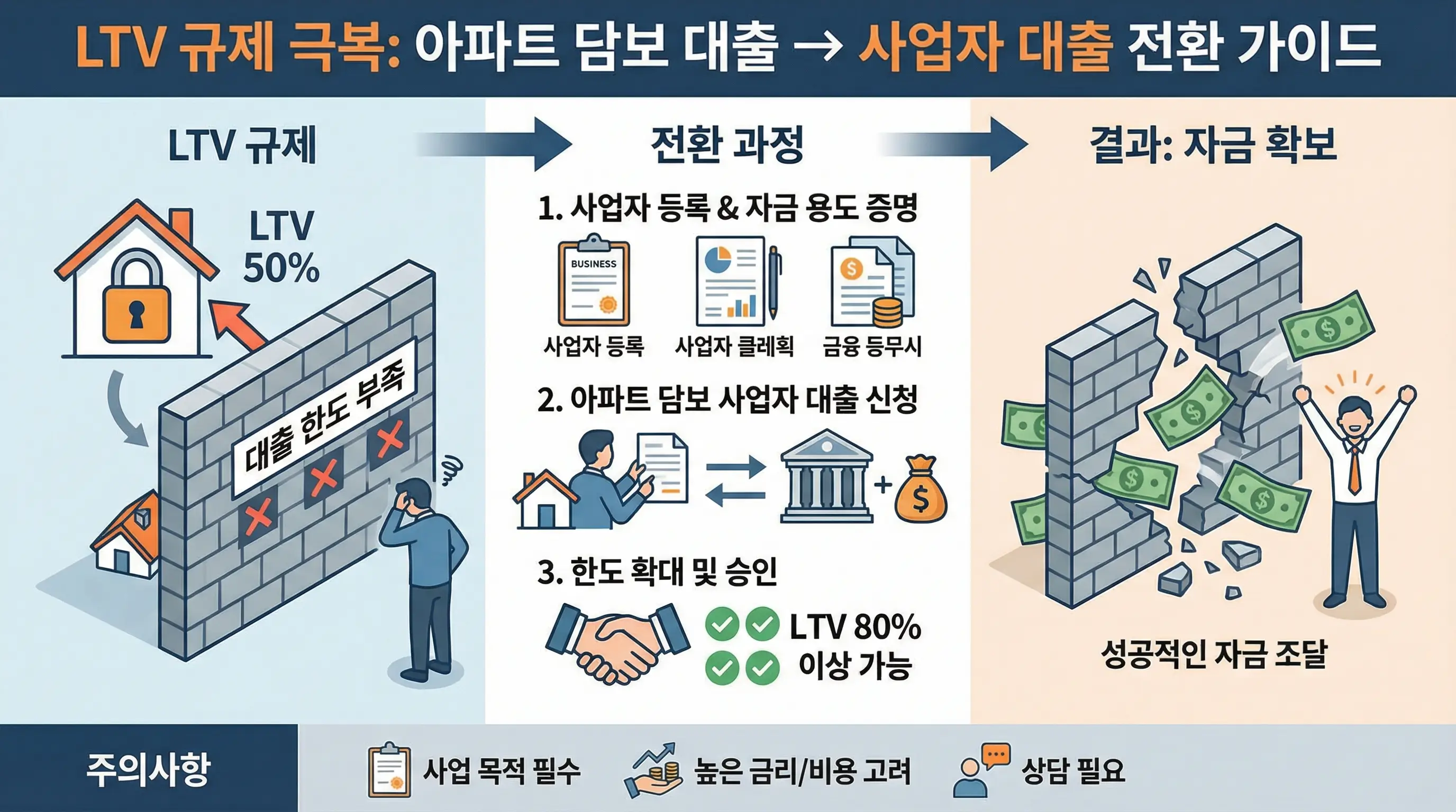 LTV 규제로 막힌 아파트 담보 대출 한도를 사업자 대출로 갈아타며 해결하는 방법을 설명하는 인포그래픽