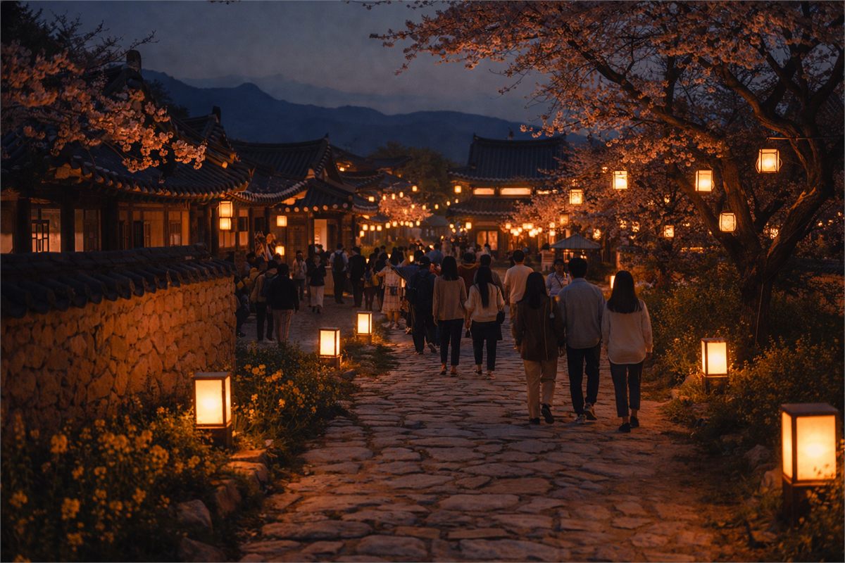 저녁 조명 아래 국가유산 축제를 걷는 사람들의 분위기 