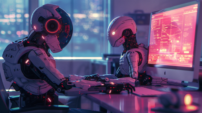 AI 로봇이 노트북을 보며 협업하는 미래형 사무실 풍경