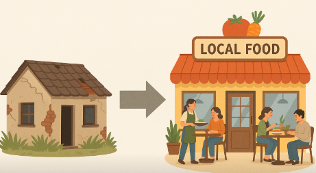빈집이 로컬푸드 식당으로 개조되는 과정을 표현