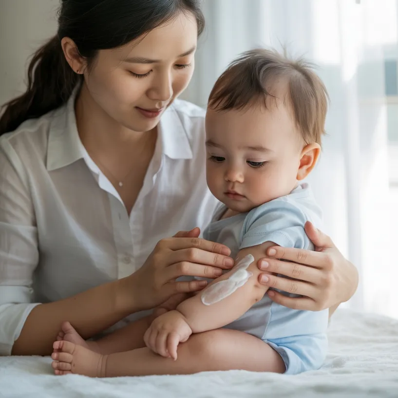 아기에게 목욕 후 아토피 로션을 바르고 있는 이미지