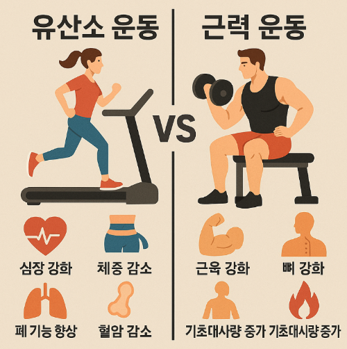 유산소 운동과 근력 운동 건강 효과 비교 (심폐기능, 대사, 체중)
