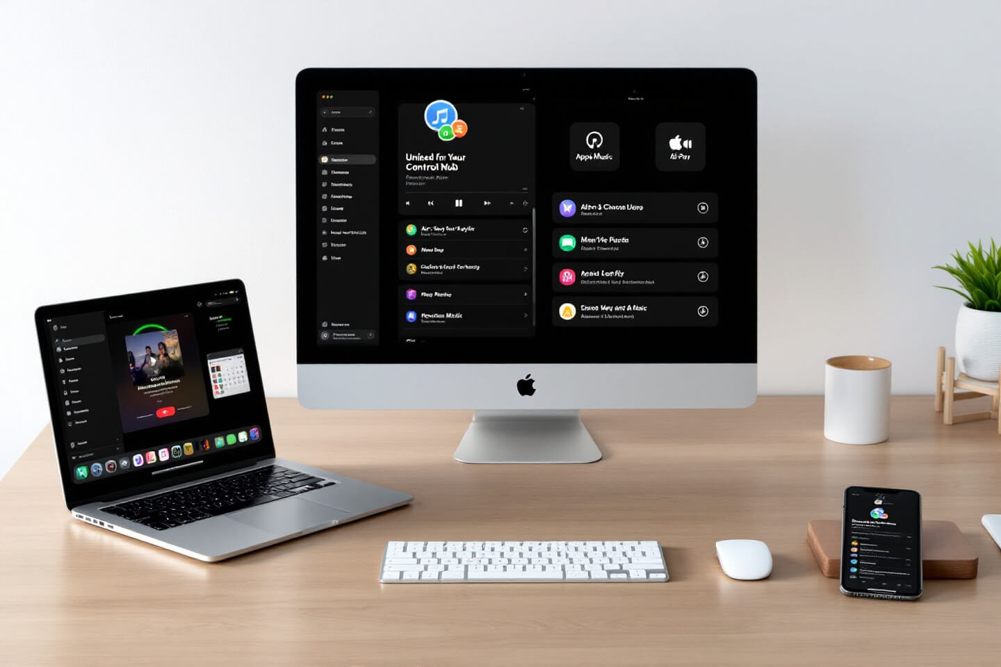 책상 위에 맥북, 아이맥, 아이폰이 나란히 배치되어 있고, 각 기기 화면에는 애플 홈킷 및 다양한 애플 서비스가 연동된 모습. 애플 생태계의 강력한 통합을 강조합니다